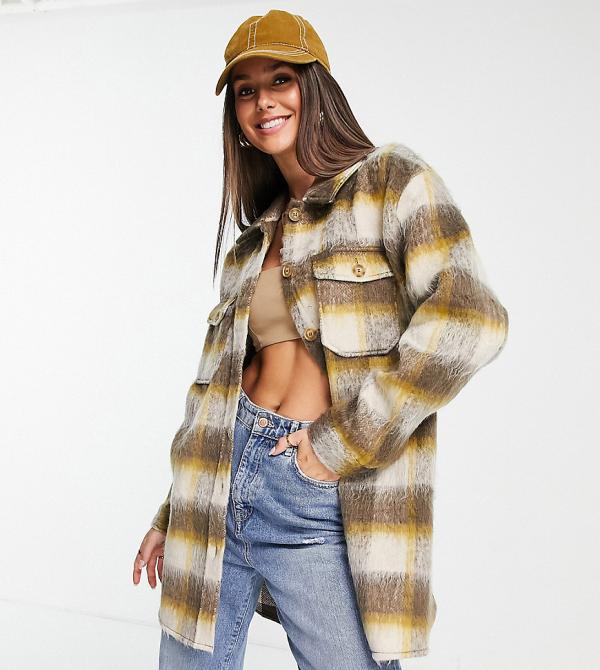 Only Tall brushed shacket in brown & yellow check