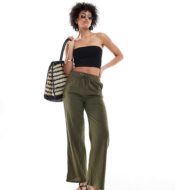 ONLY Tall linen look texture wide leg pants in khaki-Green