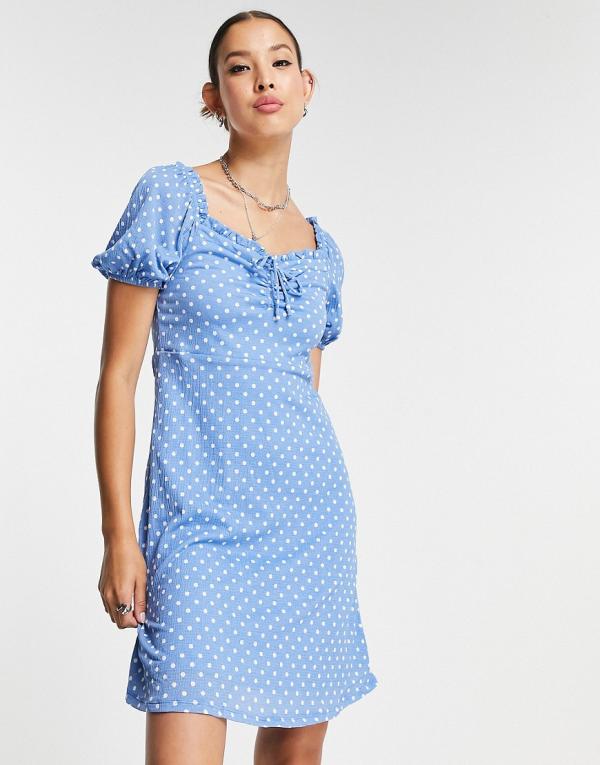 Only tie front puff sleeve mini dress in blue spot