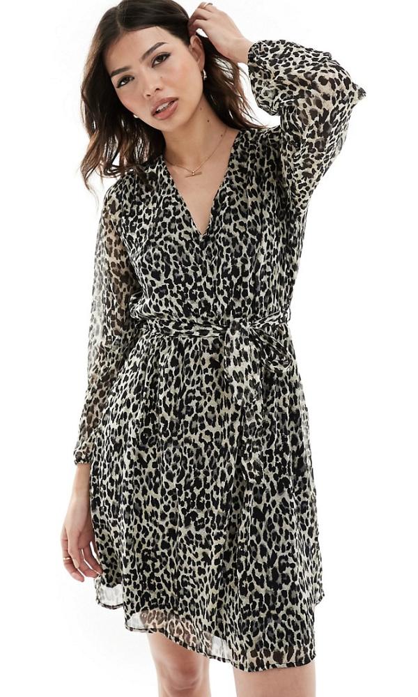 Only v neck tie waist mini smock dress in leopard-Multi