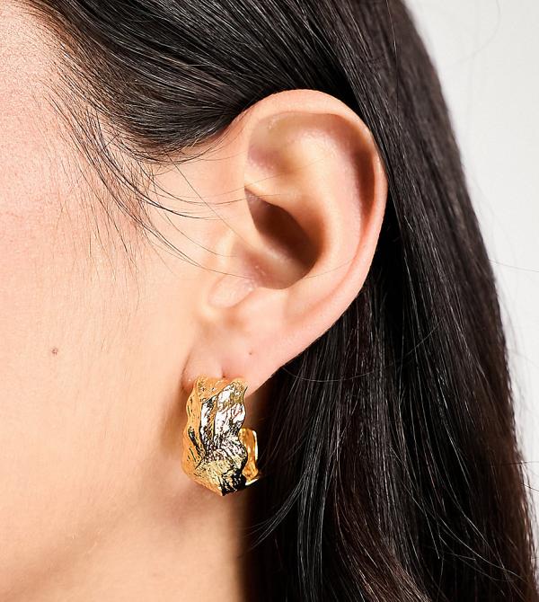Orelia 18k gold plated hammered leaf hoop earrings