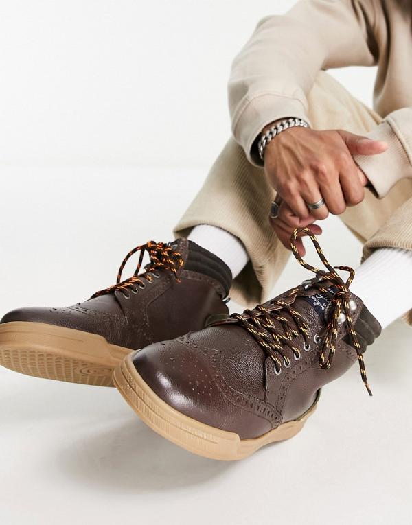 Original Penguin lace up brogue ankle boots in brown leather