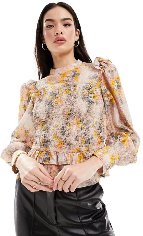 & Other Stories high neck long sleeve blouse with frill shoulder and volume sleeves in floral print-Multi