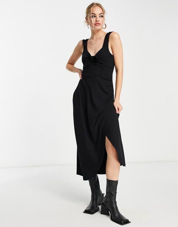 & Other Stories jersey knit tie front wrap midi dress in blue-Black