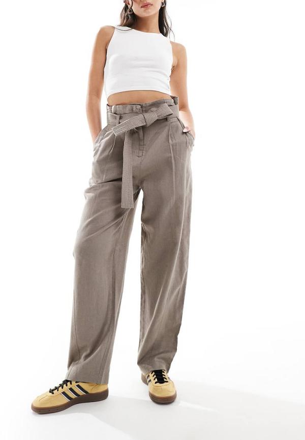 & Other Stories linen blend paper bag waist pants in taupe-Neutral