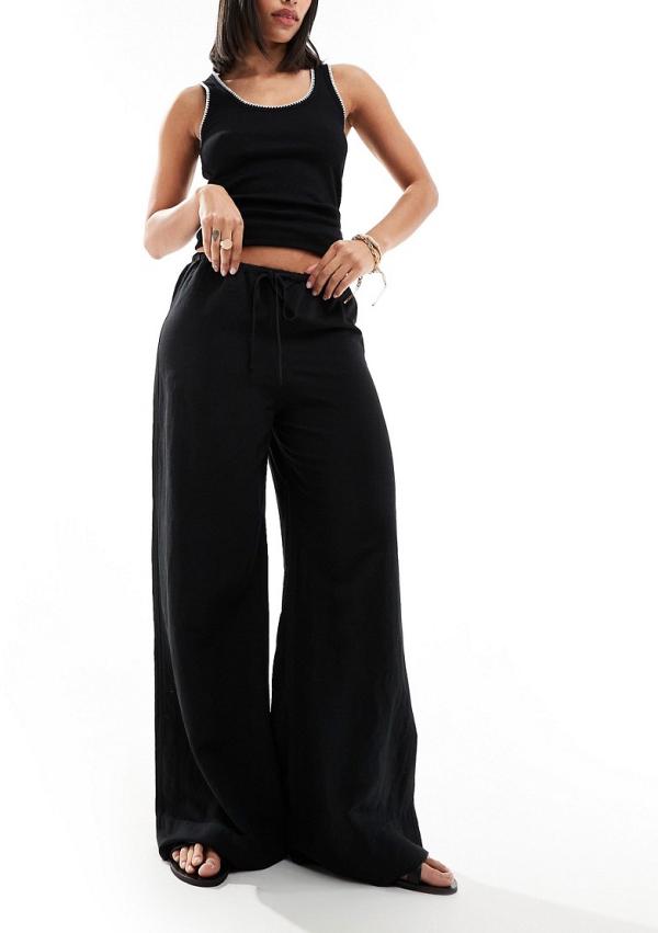 & Other Stories linen blend wide leg pants with drawstring waist in black