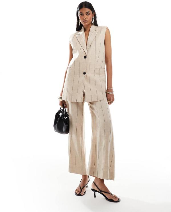 & Other Stories linen wide leg tailored pants in beige with black pinstripes-Neutral