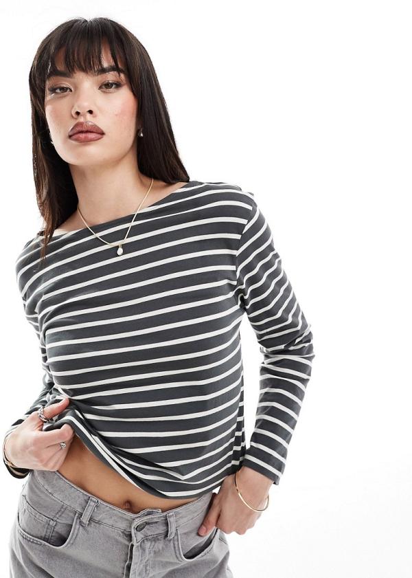 & Other Stories long sleeve top in grey and white stripes-Multi