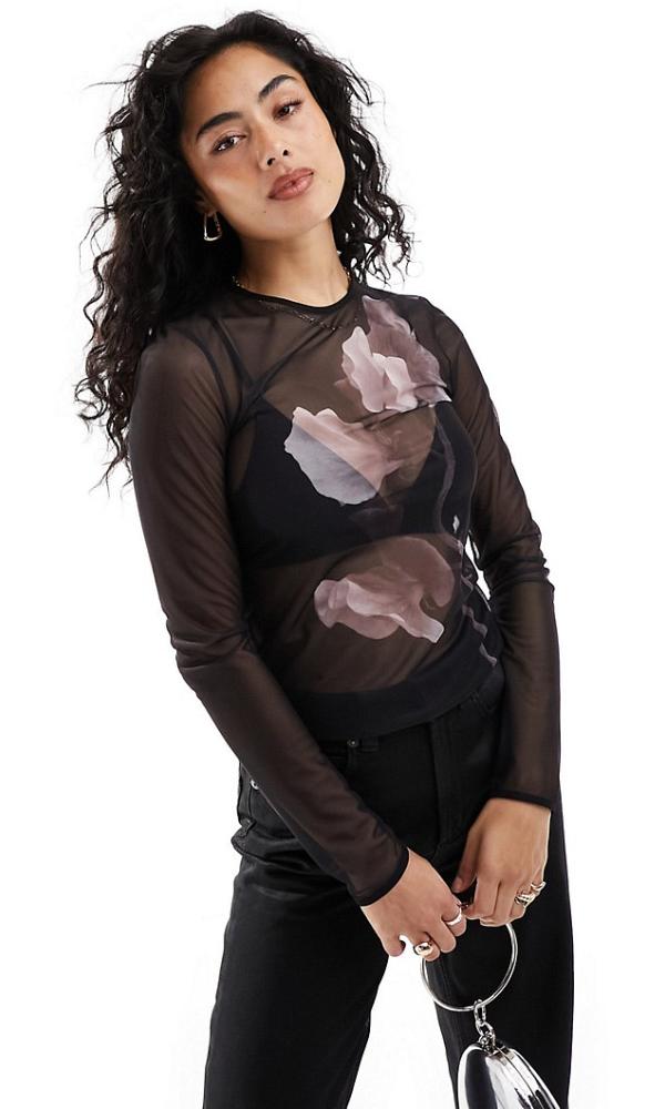 & Other Stories mesh long sleeve top in black with floral front print