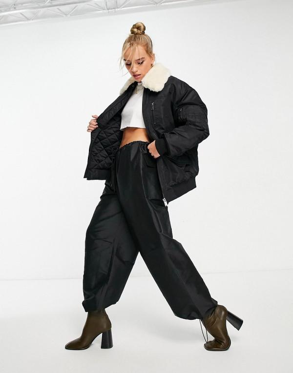 & Other Stories nylon bomber jacket with faux fur collar in black