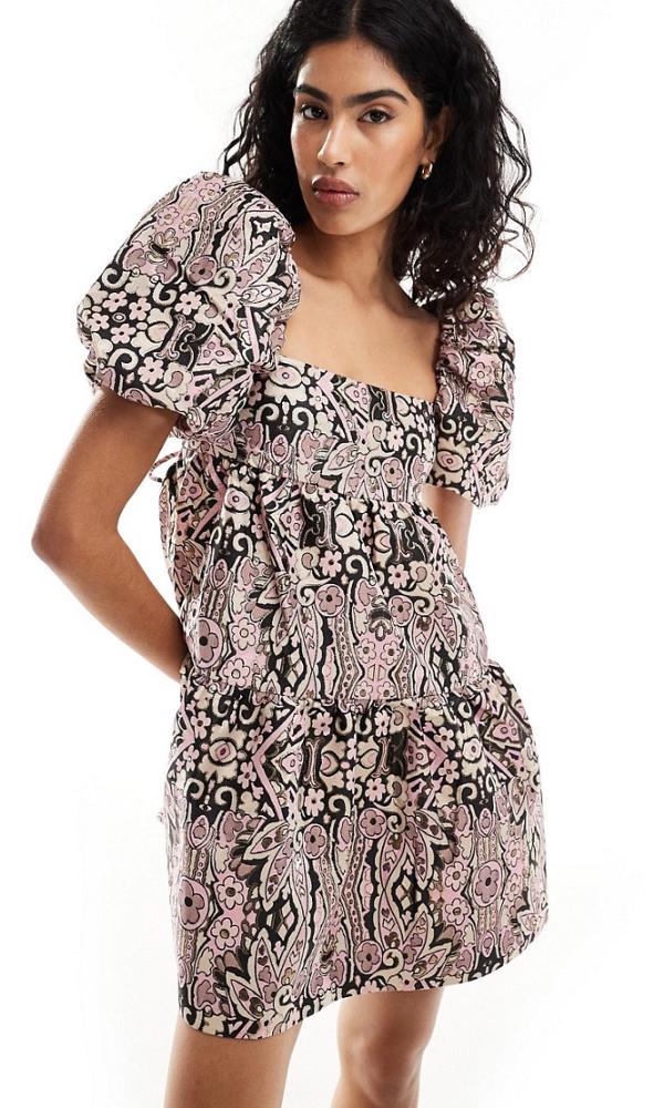 & Other Stories puff sleeve mini dress with tie detail open back and tiered hem in pink and black jacquard-Multi