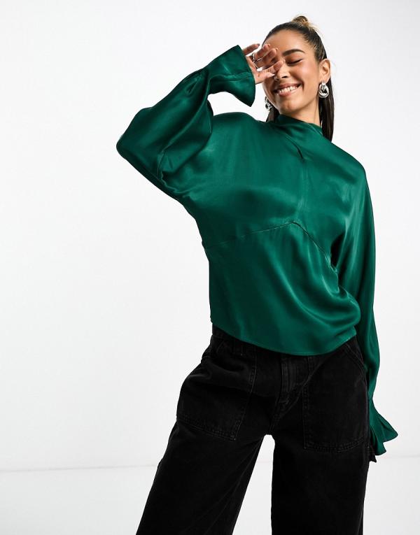 & Other Stories satin blouse with tie back neck and fluted sleeve in green