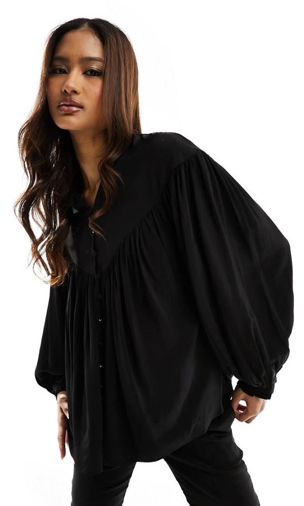 & Other Stories volume sleeve smocked blouse with frill neck in black