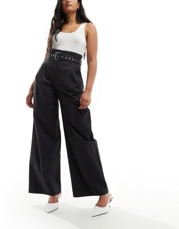 & Other Stories wide leg pants with utility eyelet belt in black