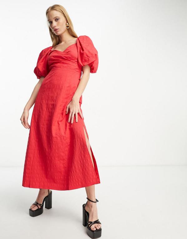 & Other Stories woven puff sleeve midi dress in red