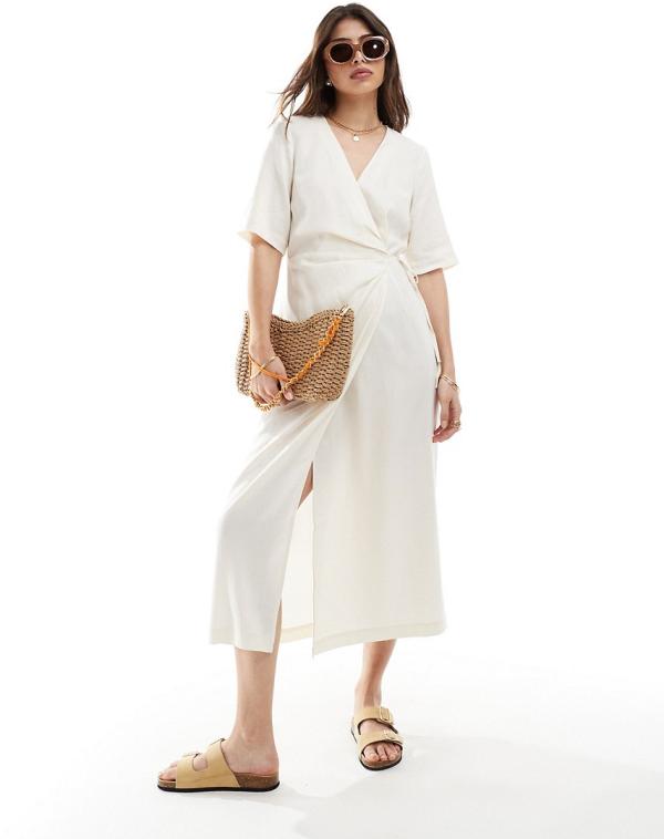 & Other Stories wrap front midi dress with side tie detail in off white