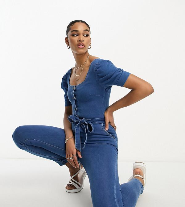 Parisian Tall belted denim jumpsuit in mid wash blue