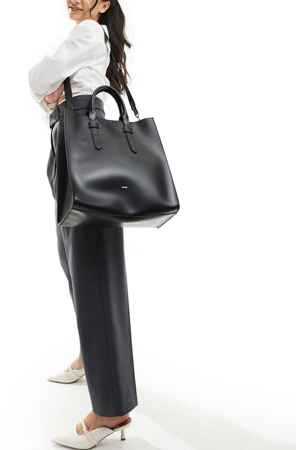 PASQ structured tote bag with detachable crossbody strap in black