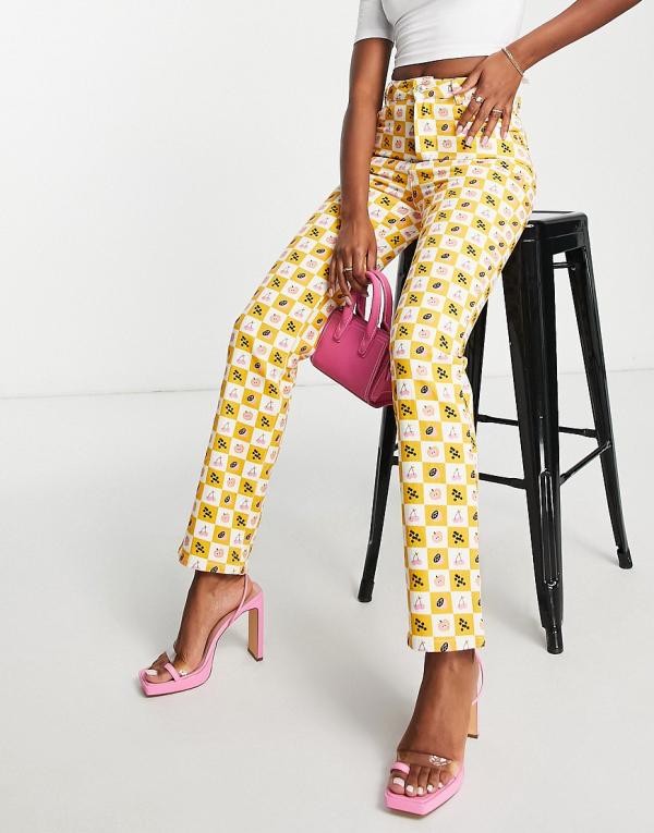 Peppermayo printed check cigarette pants in yellow multi
