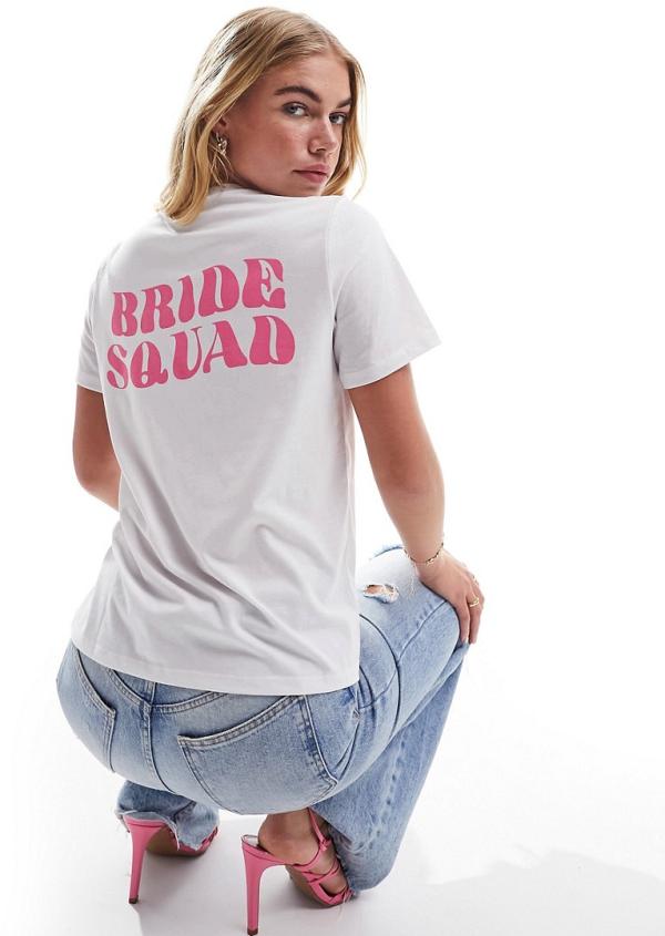 Pieces 'Bride Squad' pink glitter back slogan t-shirt in white