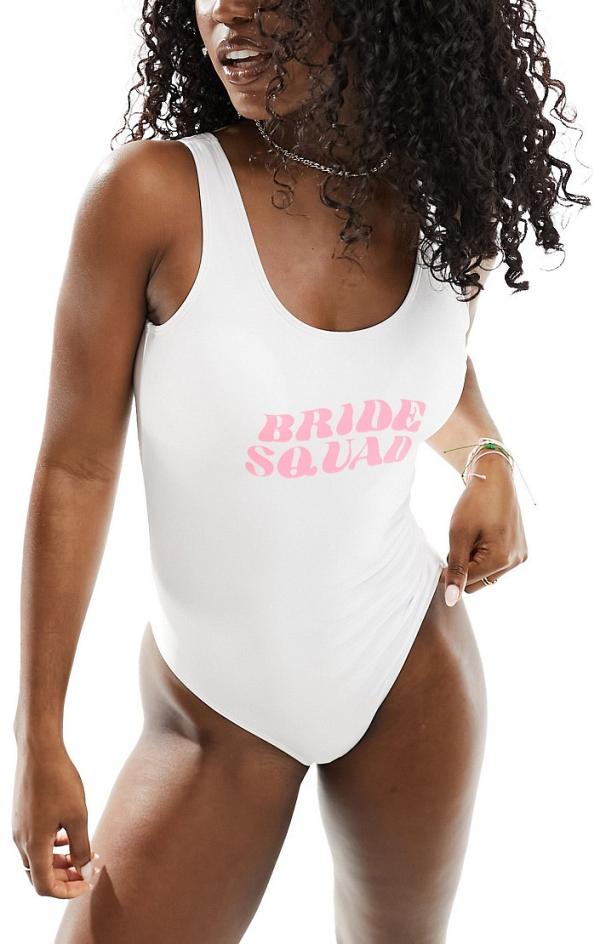 Pieces bride to be 'Bride Squad' low back swimsuit in white and pink