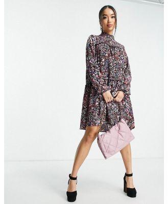 Pieces high neck smock dress in bright floral-Multi
