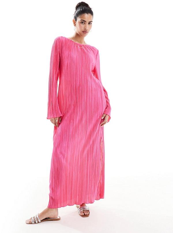Pieces plisse maxi dress with side splits in bright pink