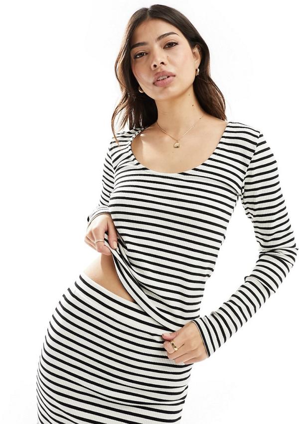 Pieces ribbed long sleeved scoop back top in cream and black stripe (part of a set)-White