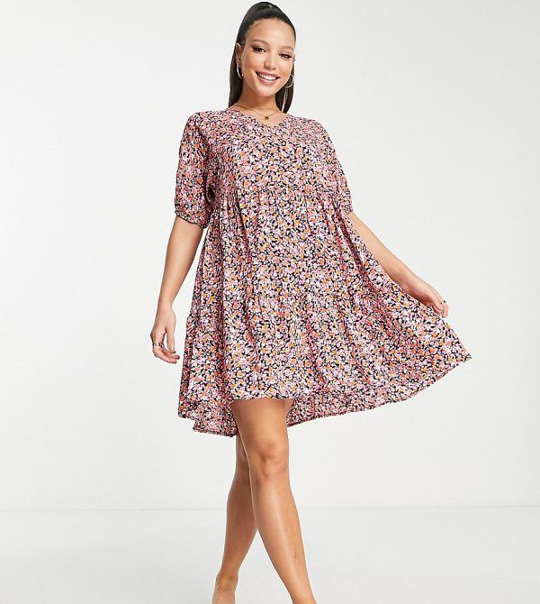 PIECES Tall exclusive v-neck smock dress in ditsy foral-Multi