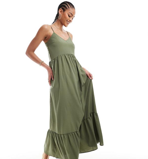 Pieces Tall frill bottom maxi dress in khaki-Green