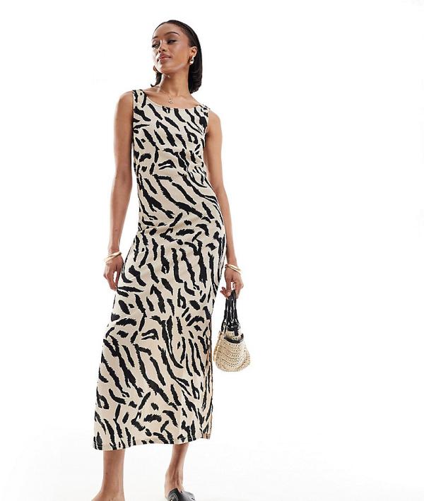 Pieces Tall scoop neck textured jersey maxi dress in beige animal print-Neutral