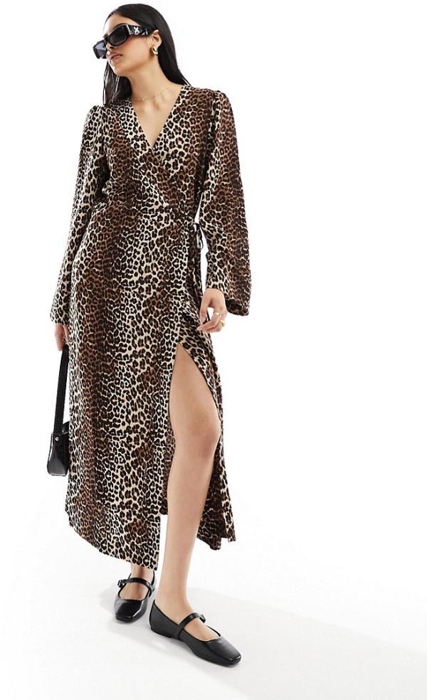 Pieces wide sleeve wrap midi dress in leopard print-Brown