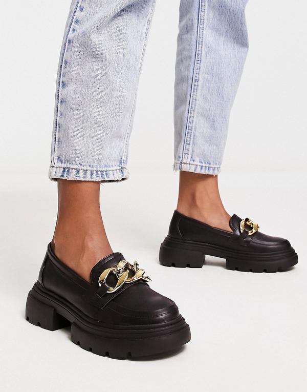 Pimkie chunky loafers with gold chain detail in black