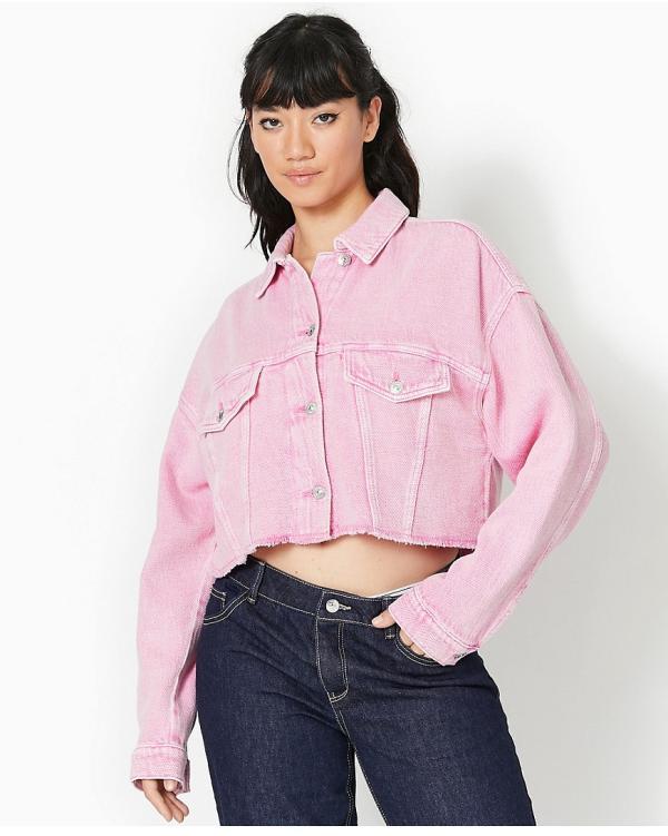 Pimkie cropped oversized denim jacket with raw hem in pink wash