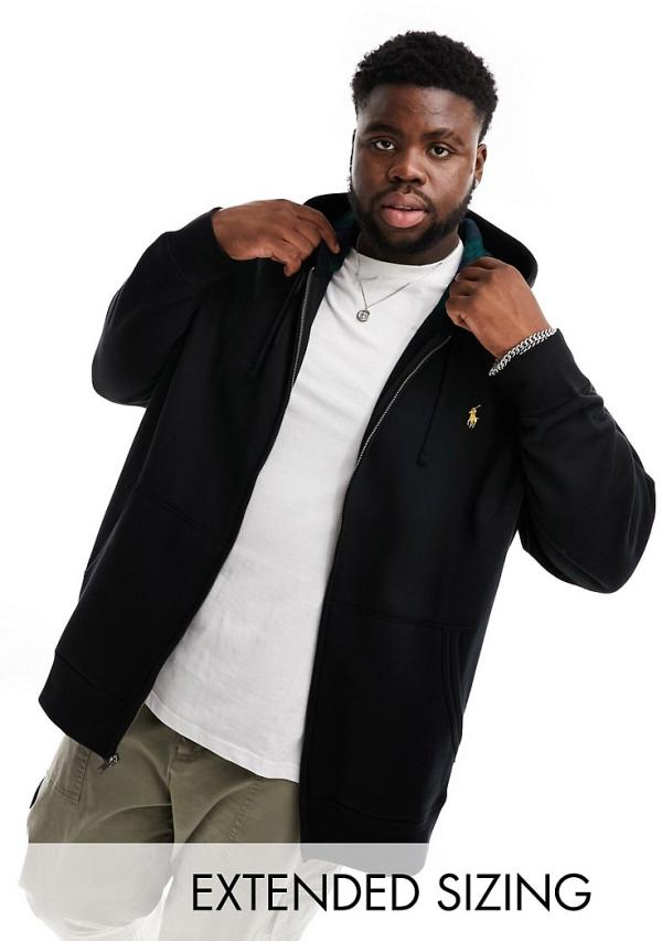 Polo Ralph Lauren Big & Tall gold icon logo fleece full zip hoodie in black
