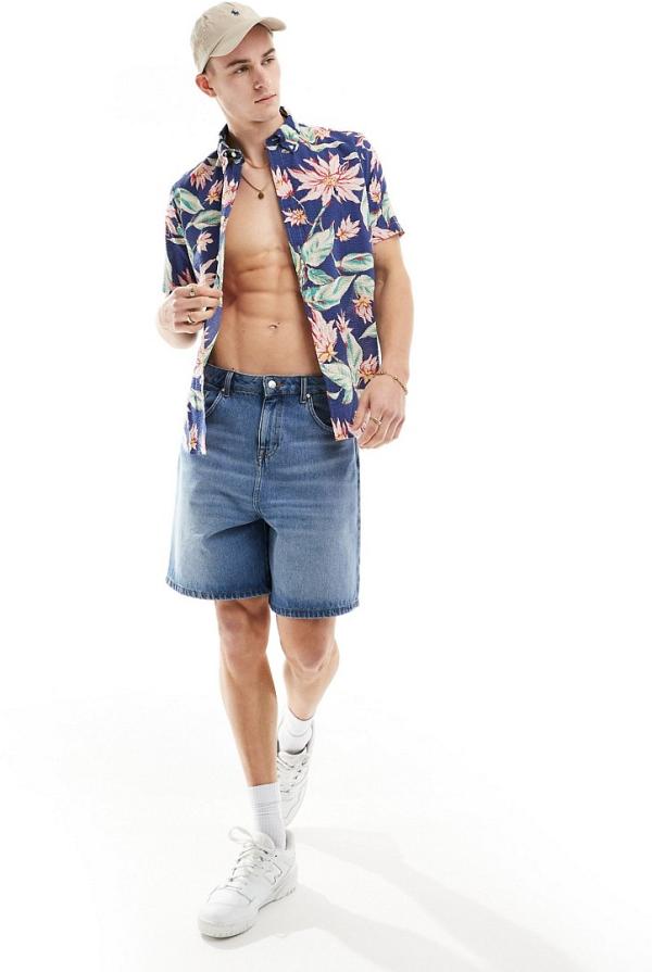 Polo Ralph Lauren floral print short sleeve seersucker shirt classic oversized fit in navy