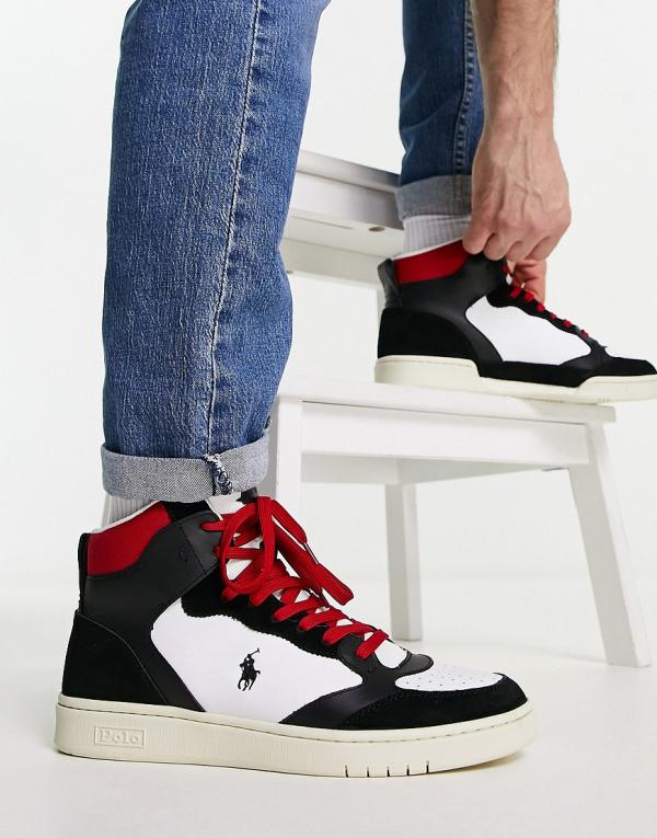 Polo Ralph Lauren hi top court lux sneakers in black/red with pony logo