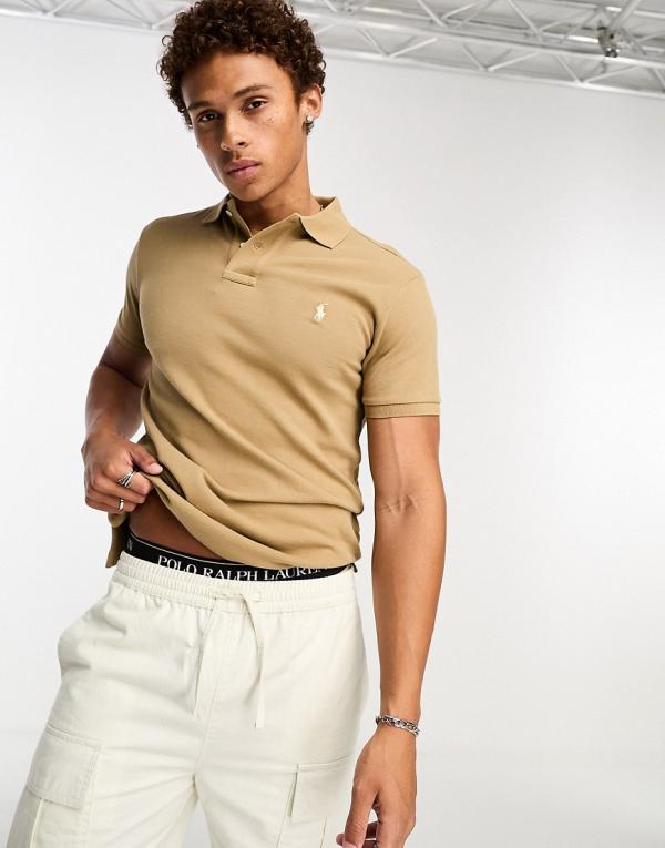 Polo Ralph Lauren icon logo pique polo slim fit in tan-Brown