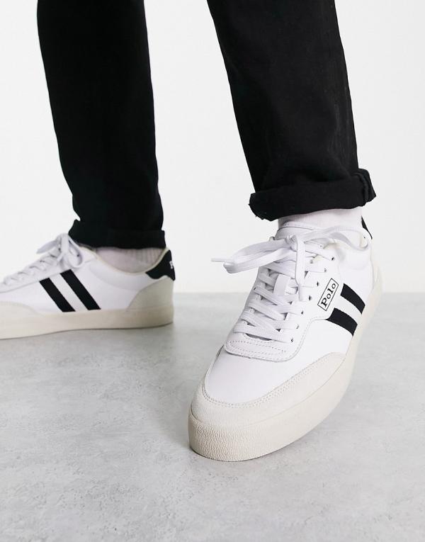 Polo Ralph Lauren leather suede court vulc sneakers in white black stripe