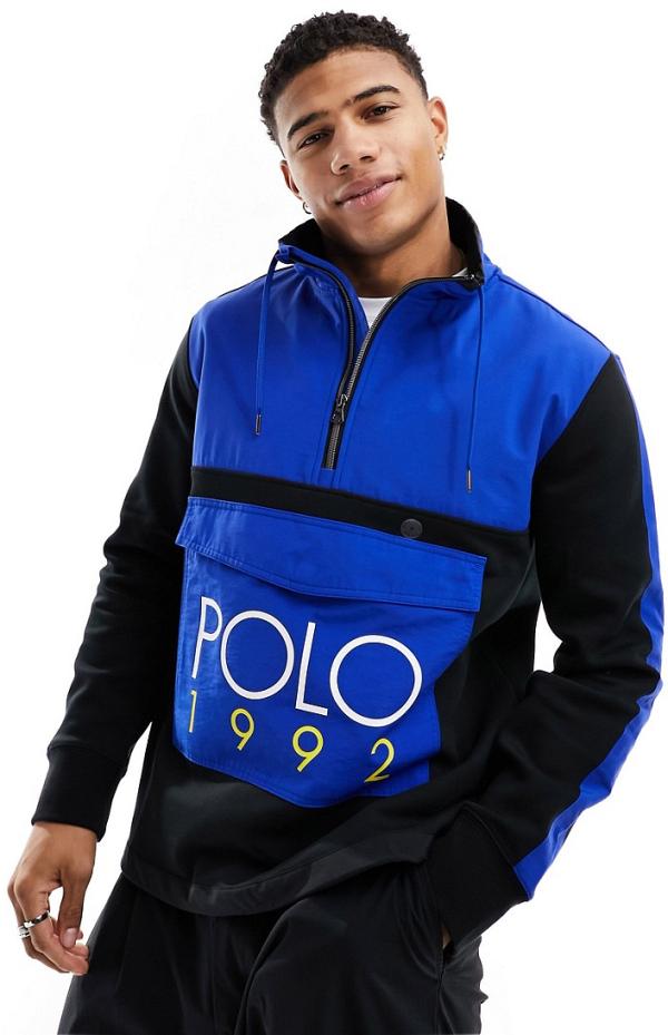 Polo Ralph Lauren retro colourblock borg hybrid half zip sweatshirt in blue/black
