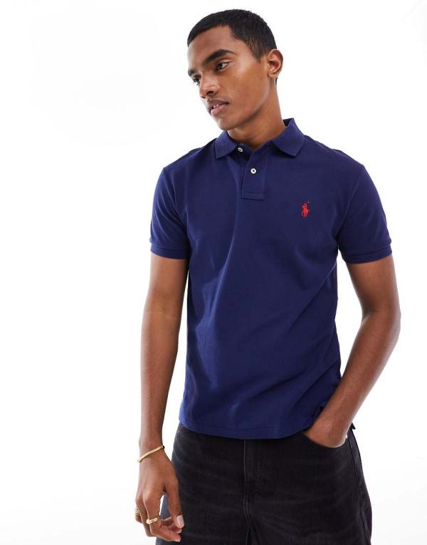 Polo Ralph Lauren slim fit pique polo with red player logo in washed navy