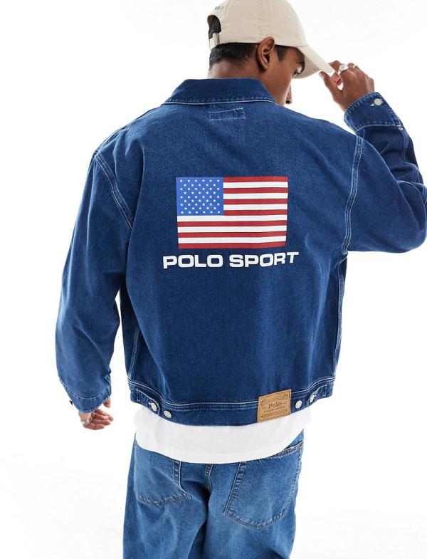 Polo Ralph Lauren Sports Capsule logo workwear denim trucker jacket in mid wash blue-White