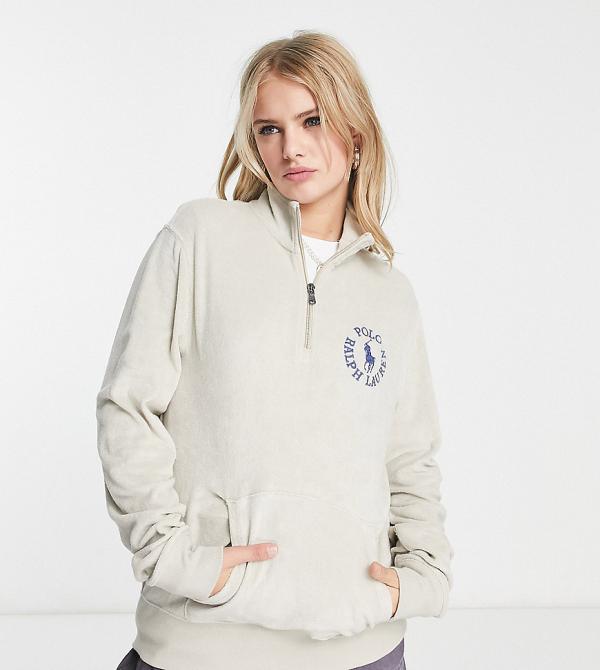 Polo Ralph Lauren x ASOS exclusive collab half zip sweat with small circle logo in stone-White