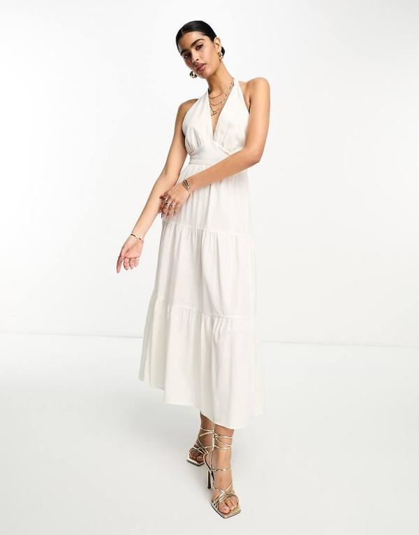 Pretty Lavish halterneck linen blend midaxi dress in white