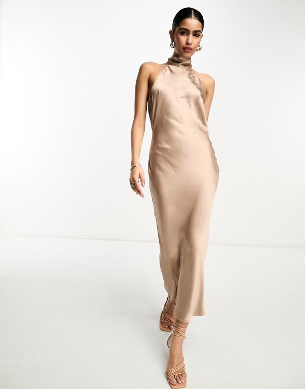 Pretty Lavish high neck satin midaxi dress in mocha-Brown