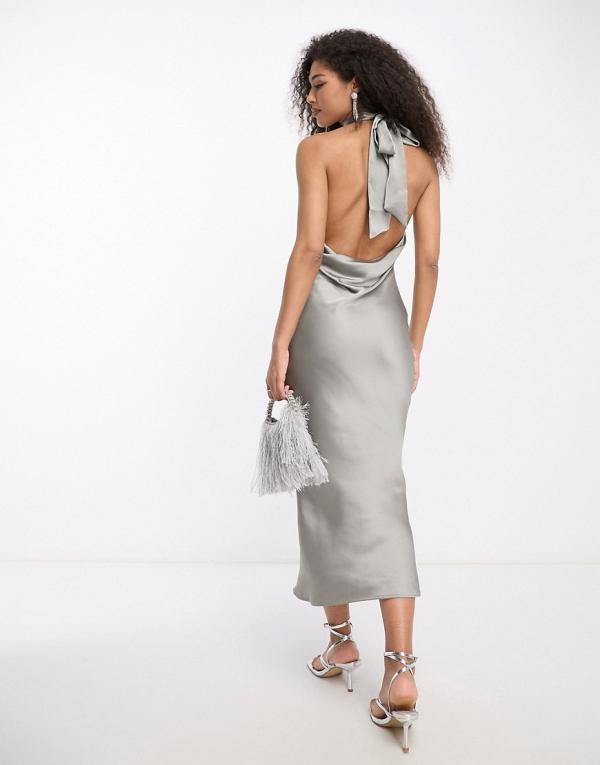 Pretty Lavish high neck satin midaxi dress in slate grey