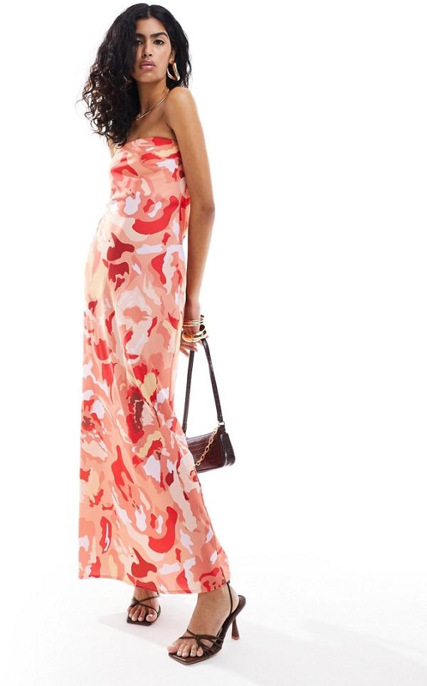 Pretty Lavish satin bandeau maxi dress in red abstract floral