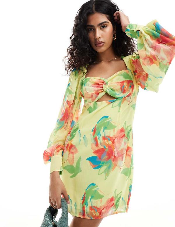 Pretty Lavish twist balloon sleeve mini dress in lemon floral-Yellow