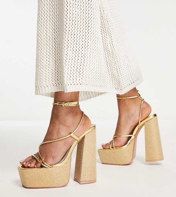 Public Desire Wide Fit Blissful raffia strappy platforms in gold