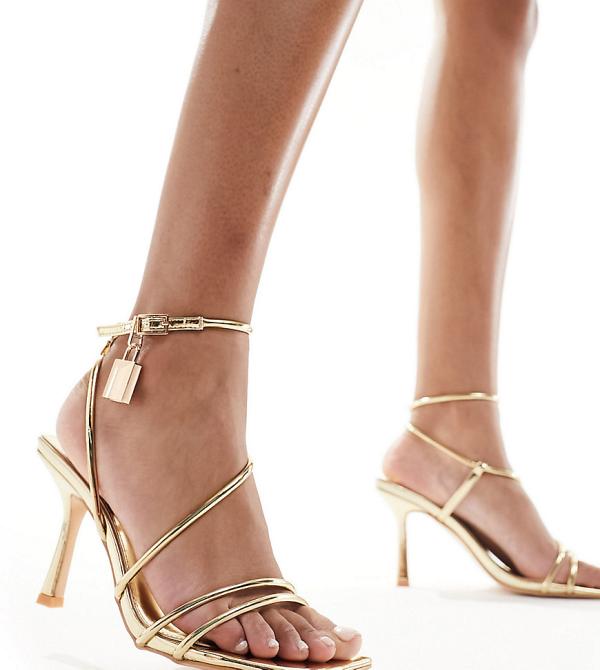 Public Desire Wide Fit Emberly padlock detail mid heels in gold